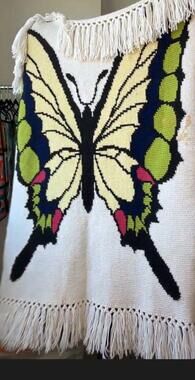 Vintage 1970s Retro Butterfly Crochet Blanket Cottagecore Boho Afghan Throw